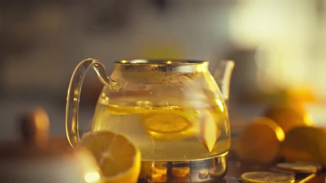 Fresh lemons and ginger infuse in a clear glass teapot, surrounded by kitchen utensils amidst sliced citrus, releasing a drop of juice that flows freely