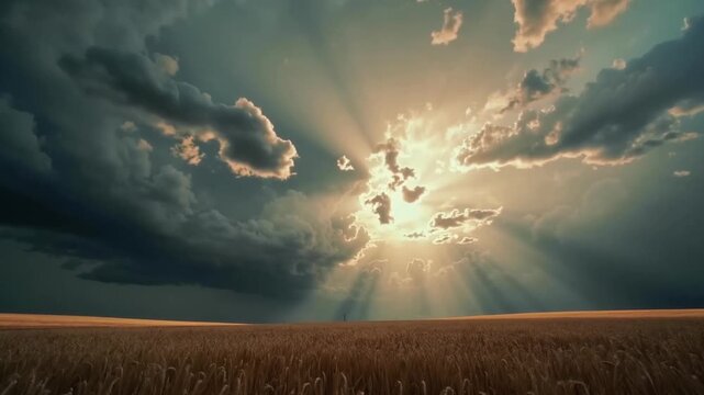 Timelapse of dramatic sunbeams breaking through dark storm clouds over a golden wheat field. Majestic landscape at sunset showcasing powerful light rays, heavy clouds, and rural agriculture beauty.
