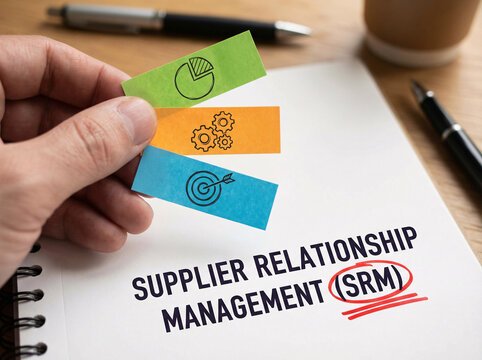 Hand holds colorful sticky notes above a notepad. Notepad shows "Supplier Relationship Management" in bold letters. Red marker circles the acronym
