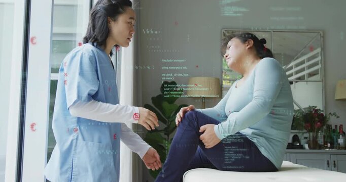 Physiotherapist palpating patient knee and guiding bend upon reporting pain at treatment table