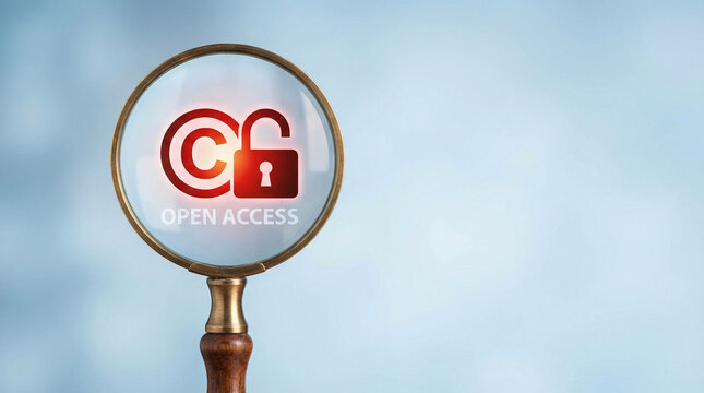 Magnifying glass reveals a symbolic open access icon. Red lock turns to keyhole, signifying freedom. Clear background shows focus and clarity
