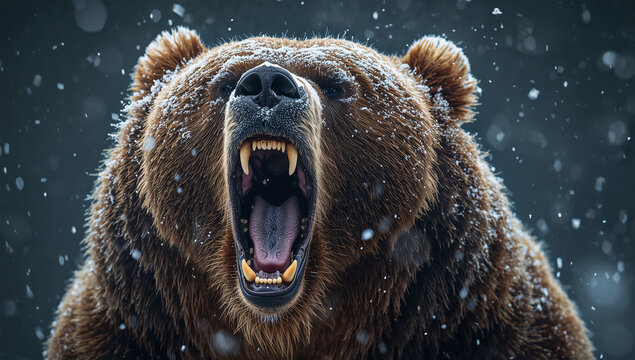 雪の中で咆哮するヒグマの冬らしい迫力を捉えた接写写真