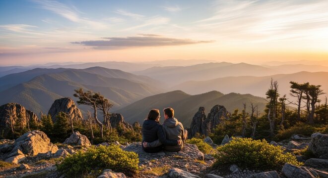 Couple embracing mountain view at sunset overlooking scenic landscape