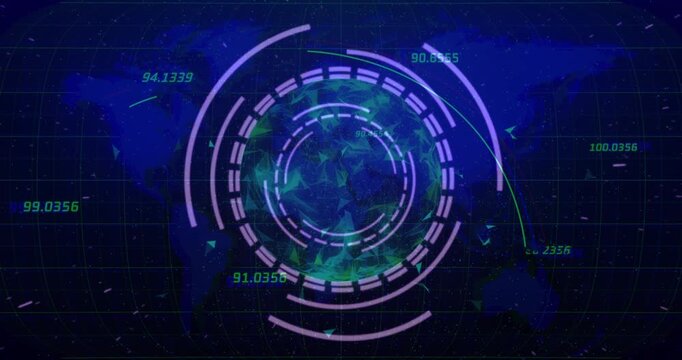 grid showing world map, interface rotating rings pulsing core fading readouts displaying data