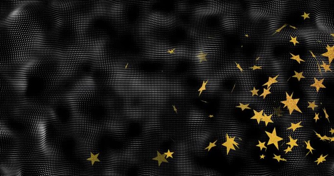 Golden stars drifting from top right forming cluster scattering over dotted grid showing dispersion