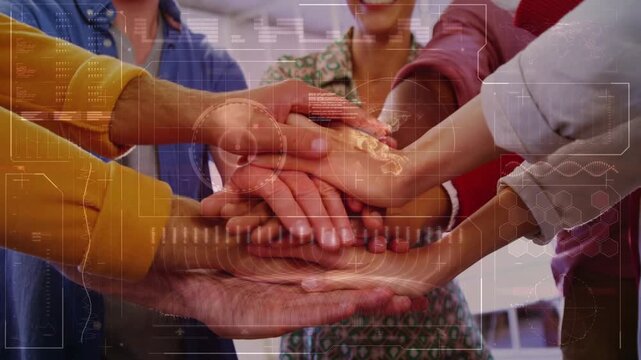 Mustard sleeve extending palm, team joining hands, stacking and tapping for unity, HUD overlay