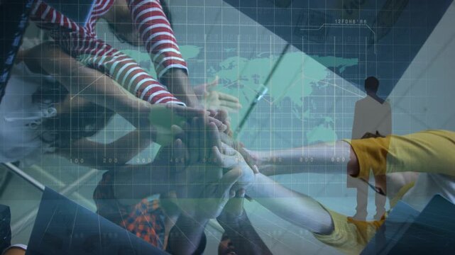 Six teammates starting business huddle, stacking hands, lifting arms, celebrating with map overlay