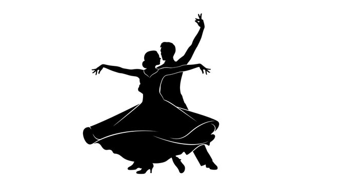 Silhouette of a dancing couple in a dynamic pose isolated on white background