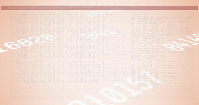 Central glow starting white numeric ring rotating clockwise, scaling, code fading in, showing data