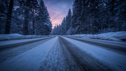 Obraz premium 夕暮れの雪明かりに包まれて林道が伸びる静かな冬の風景