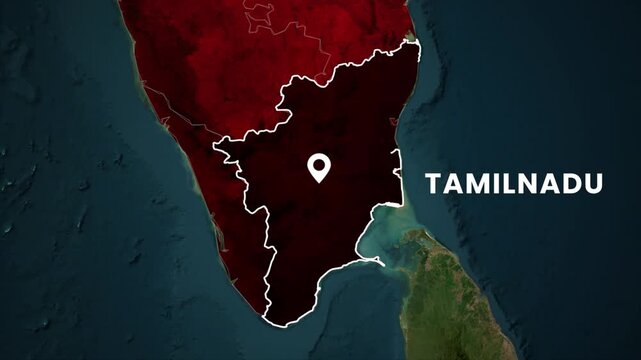 Tamil Nadu map highlighted animation video. State location marked on India map with glowing outline and modern geographic 