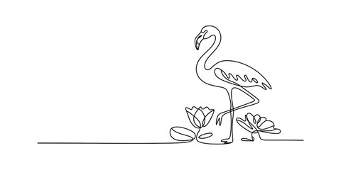 Fototapeta premium Elegant flamingo standing among lotus flowers in a minimalist one line art drawing style