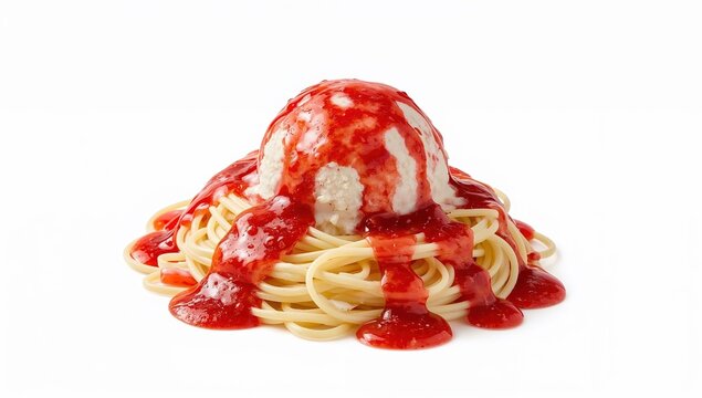 German spaghettieis dessert vanilla ice cream shaped like spaghetti with strawberry sauce on white background