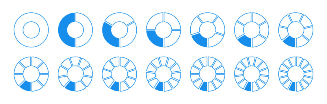 Blue wheel round divided diagrams from one to fourteen segments. Circle division from 1 2 3 4 5 6 7 8 9 10 11 12 13 14 equal parts. Coaching blank. Infographic set.