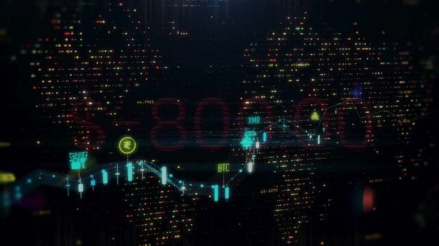 Futuristic digital interface showing cryptocurrency symbols like BCH, world map dots, and glowing financial candlestick charts.