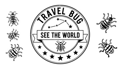 Fototapeta premium Travel Bug vintage stamp with beetle illustrations and constellation for wanderlust and adventure concept