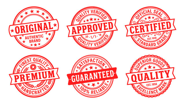Set of red rubber stamp icons for quality assurance and product certification including original approved and guaranteed labels