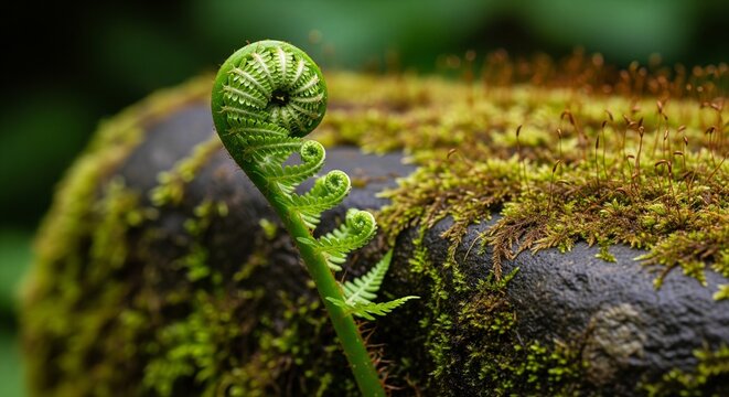 Extreme close-up of a young fern frond (fiddlehead) uncurling over a mossy stone. The spiral shape symbolizes growth, new life, and the Fibonacci sequence in nature.