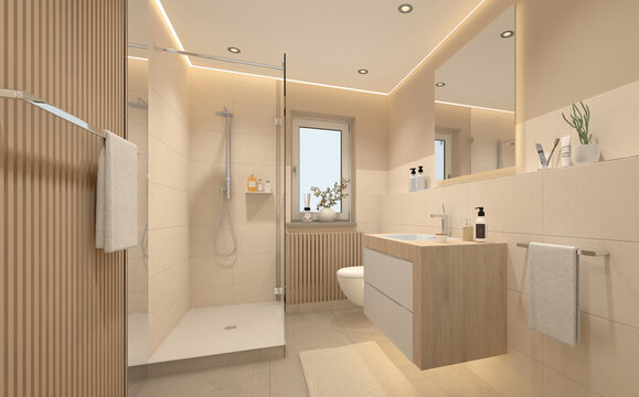Kleines G&auml;stebad mit Dusche, Waschbecken und WC, Bad mit Fenster, raffiniertes Beleuchtungskonzept, Baddesign, gute Raumplanung