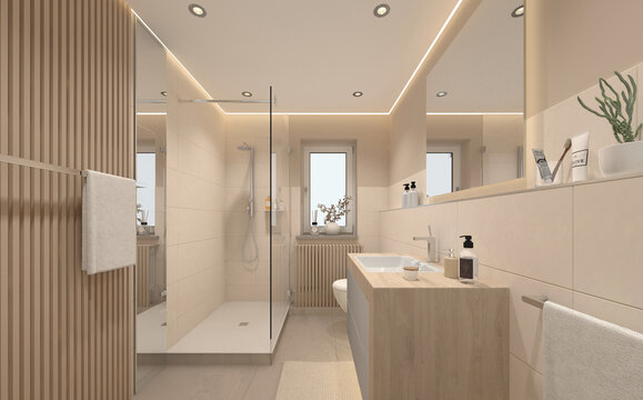 Kleines G&auml;stebad mit Dusche, Waschbecken und WC, Bad mit Fenster, raffiniertes Beleuchtungskonzept, Baddesign, gute Raumplanung
