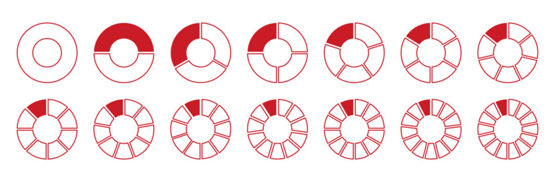 Wheel round divided red diagrams with one two three four five six seven eight nine ten eleven twelve thirteen fourteen segments. Circle division on 1 2 3 4 5 6 7 8 9 10 11 12 13 14 equal parts.