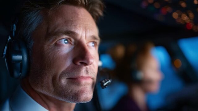 Focused Pilot in Cockpit Shows Determination and Calm Leadership While Co-pilot Prepares for Flight, Bringing a Sense of Security to Passengers on Board