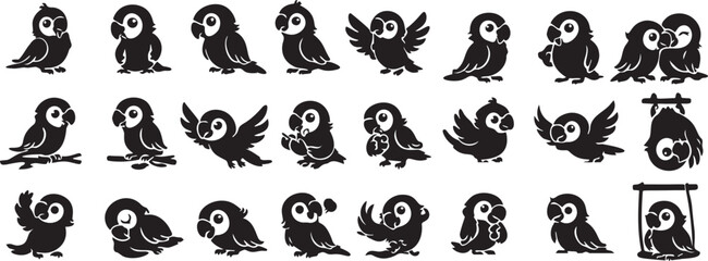 Fototapeta premium Cute Cartoon Parrot Silhouette Collection - Various Poses and Expressions.