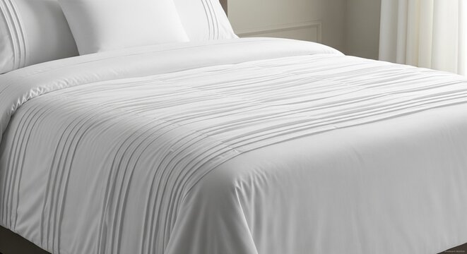 High-angle shot of a luxurious white duvet cover and pillows with elegant pleated stripes. The fabric looks soft and crisp, creating a clean, hotel-style bedroom atmosphere.