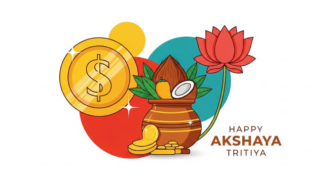 A colorful illustration of a pot with coins and a lotus flower celebrates Akshaya Tritiya festival