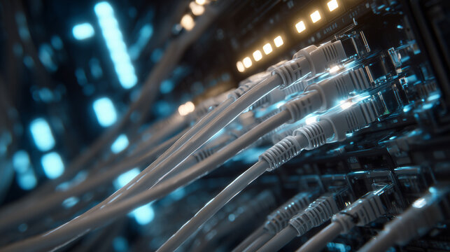 futuristic datacenter server rack with white ethernet cables, high speed network connection in modern data center, close-up of fiber optic internet server technology