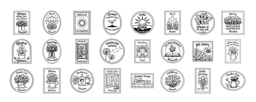 set of vintage postage stamp style spring garden illustrations with flowers butterflies bee gardening tools and seasonal quotes, botanical nature badge collection for sticker label poster card logo