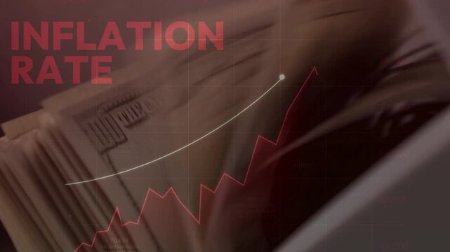 A money counting machine counts a stack of US dollar bills with a descending red bar graph hovering above it, symbolizing the decline in the value of money due to inflation.