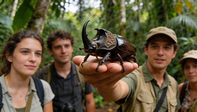 Holding guide presenting rhinoceros beetle on palm in rainforest, khaki vest, backpacks, binoculars