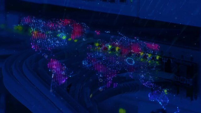 3D animation of a world map hologram in a modern data center, symbolizing global internet connectivity and big data storage.