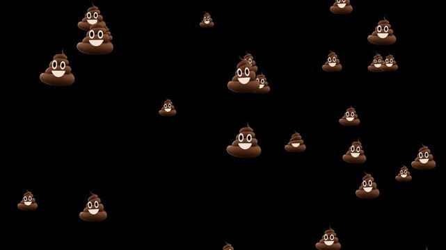 emoji poop icons loop alpha channel animation, flying emoticons isolated overlay social media motion design element