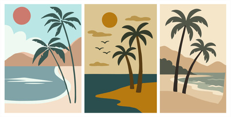 Fototapeta premium Boho beach landscape triptych. Minimalist tropical sun and palm tree posters. Earthy tones vector summer wall art.