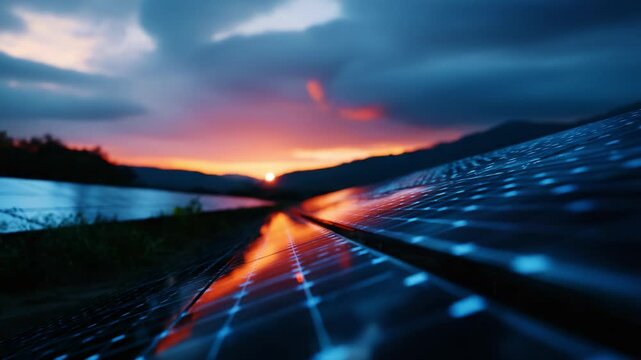 Stunning Sunset Over Solar Panels Reflecting Vibrant Colors in the Sky and Creating a Beautiful Harmony Between Technology and Nature at Dusk