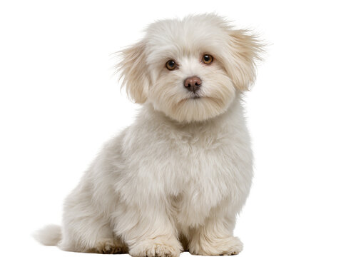 Adorable fluffy white Maltese puppy dog sitting calmly, looking directly at the viewer, isolated on transparent background, for pet designs PNG
