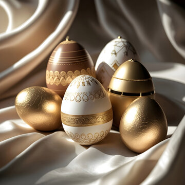 Elegant Golden and White Easter Eggs on Soft Silk Fabric for Luxury Holiday Concept
