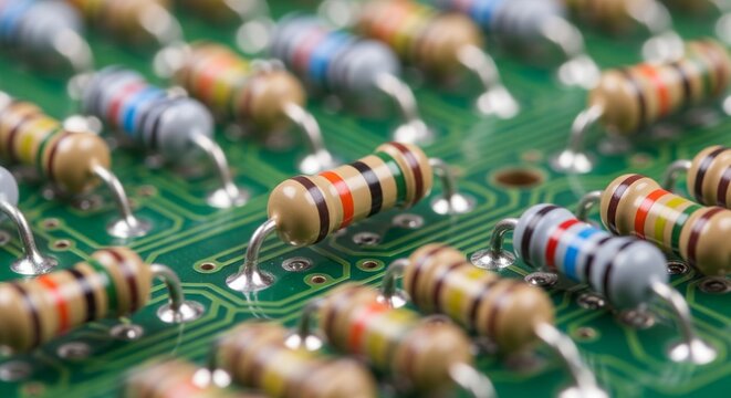 Close-up of multiple axial lead resistors with striped color codes mounted on a green PCB.