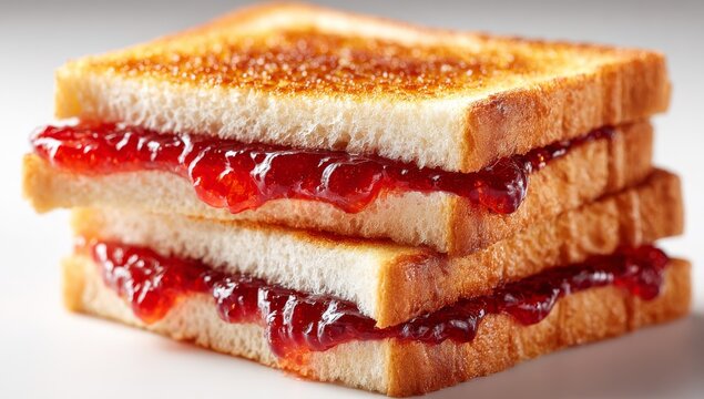 Spread strawberry jam on toasted bread for a sweet, tasty breakfast, presented on a white background, fresh and delicious