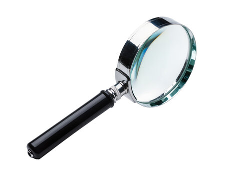 Classic magnifying glass with a black handle and polished silver frame, isolated, symbolizing detailed inspection, research, and examination
