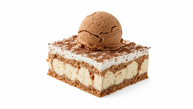 Elegant tiramisu dessert square topped with creamy coffee ice cream and shaved chocolate on white background