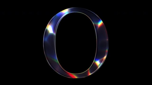 A uppercase letter "O" shimmering with various colored lights on a glass-like surface with an alpha channel. Serif font. Seamless loop video.