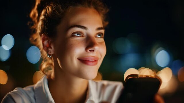 A young woman with bright blue eyes smiles while using her smartphone at night, illuminated by soft, diffused bokeh lights in a serene urban setting.