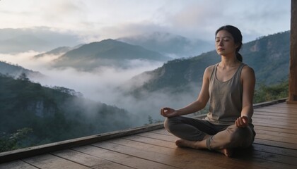 Fototapeta premium Sitting woman meditating on wooden deck at mountain valley in tank-top pants, mist, copy space