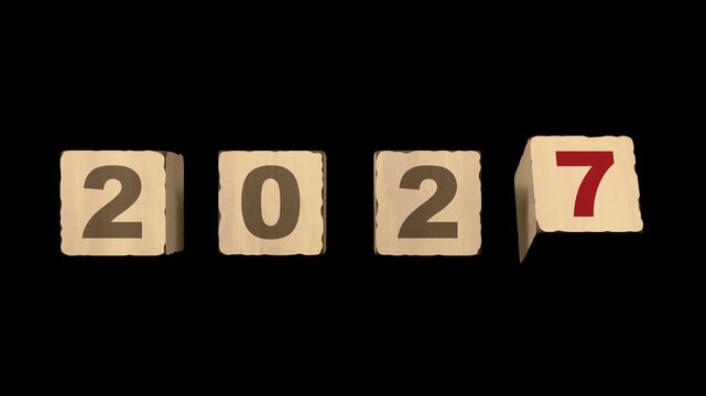 Countdown with wooden blocks for New Year 2027, 4k resolution, 3D-rendering.
