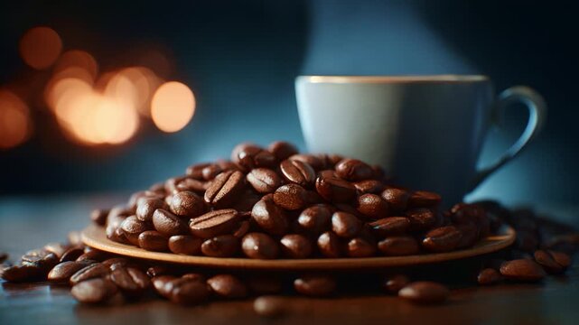 A Serene Scene of Freshly Roasted Coffee Beans Piled Next to a Steaming Cup, Perfect for Artisan Coffee Lovers Embracing the Aromatic Experience of Brewed Perfection.