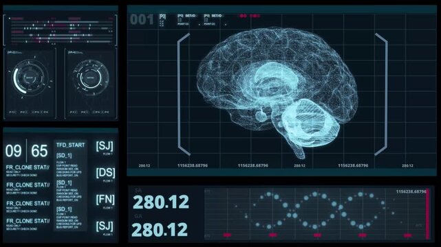 Futuristic 3d Hologram of Human brain Energy Flows In A Futuristic HUD Anatomy Infographic. Brain 3d wireframe NPU Neural Processing Unit Ai and machine learning. tech Global medicine science research