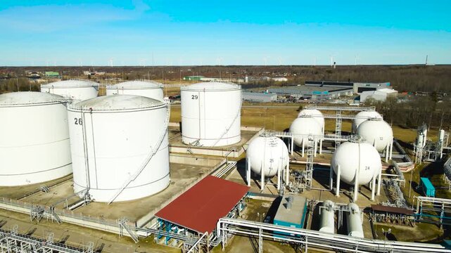 Aerial view of industrial oil and gas storage terminal in Paldiski